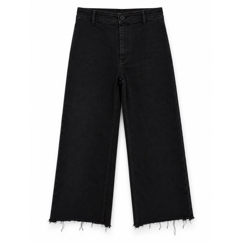 Zara Marine Straight Black Wide Leg Cropped Jeans Raw Hem Size 6